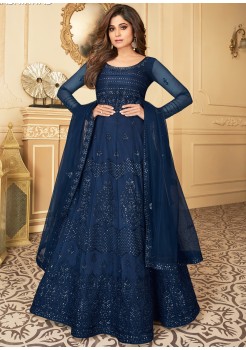 Navy Blue Satin Silk  Designer Gown